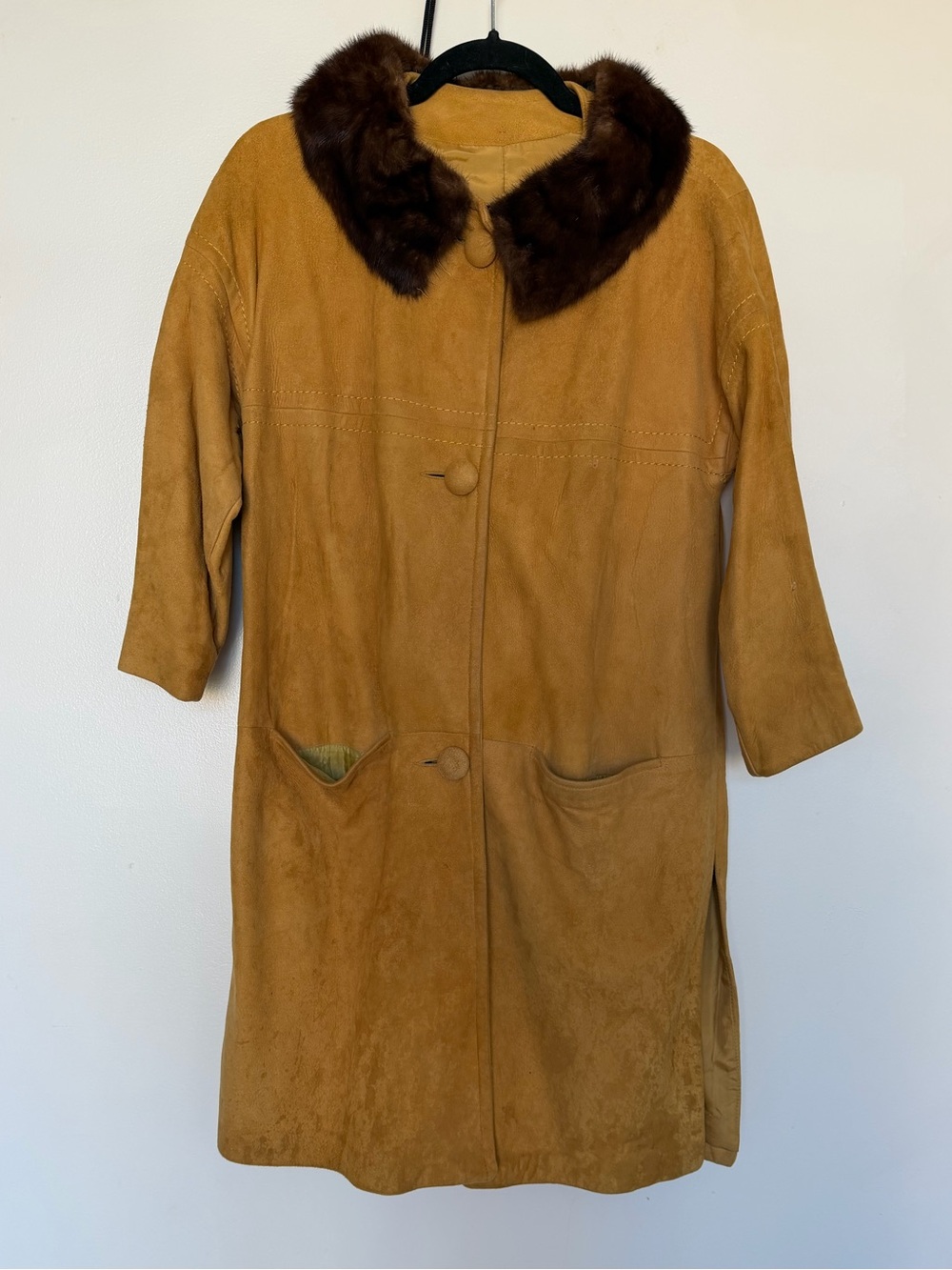 Classic Suede Coat with Fur Collar - Tan